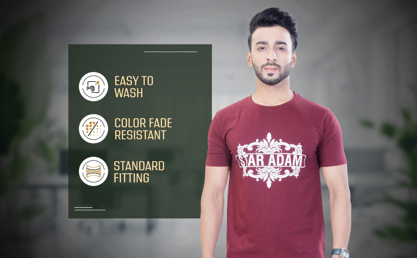 STAR ADAM Men's Maroon Round Neck T-Shirt