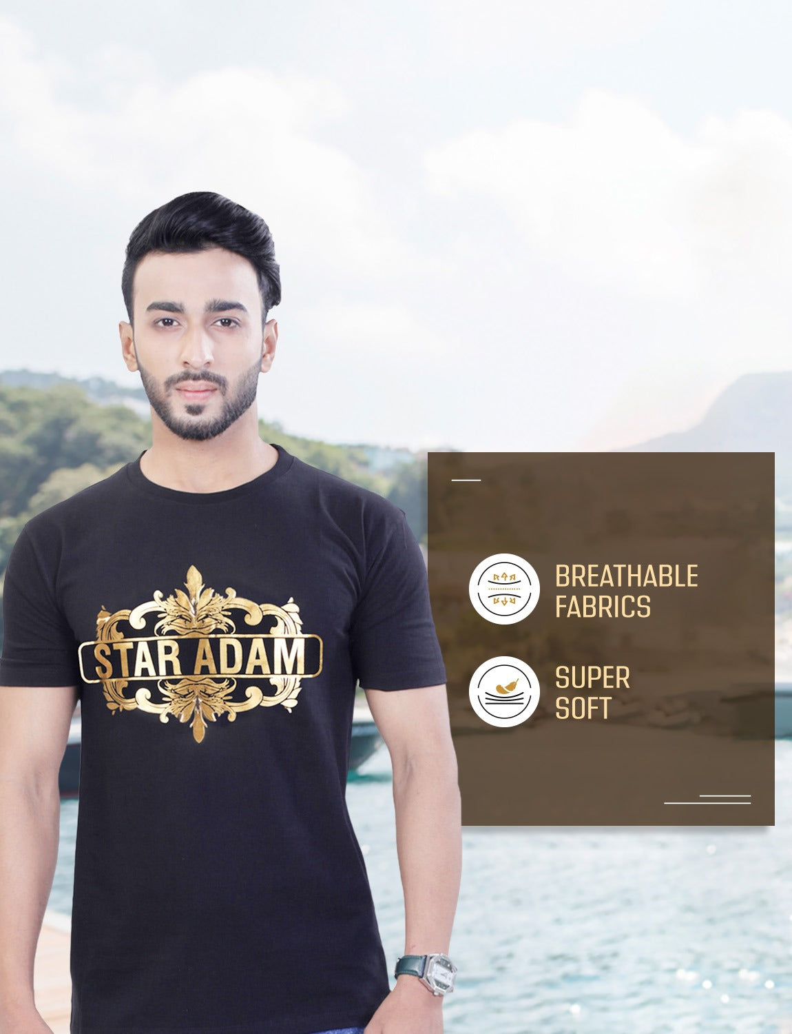 STAR ADAM Men's Black Round Neck T-Shirt