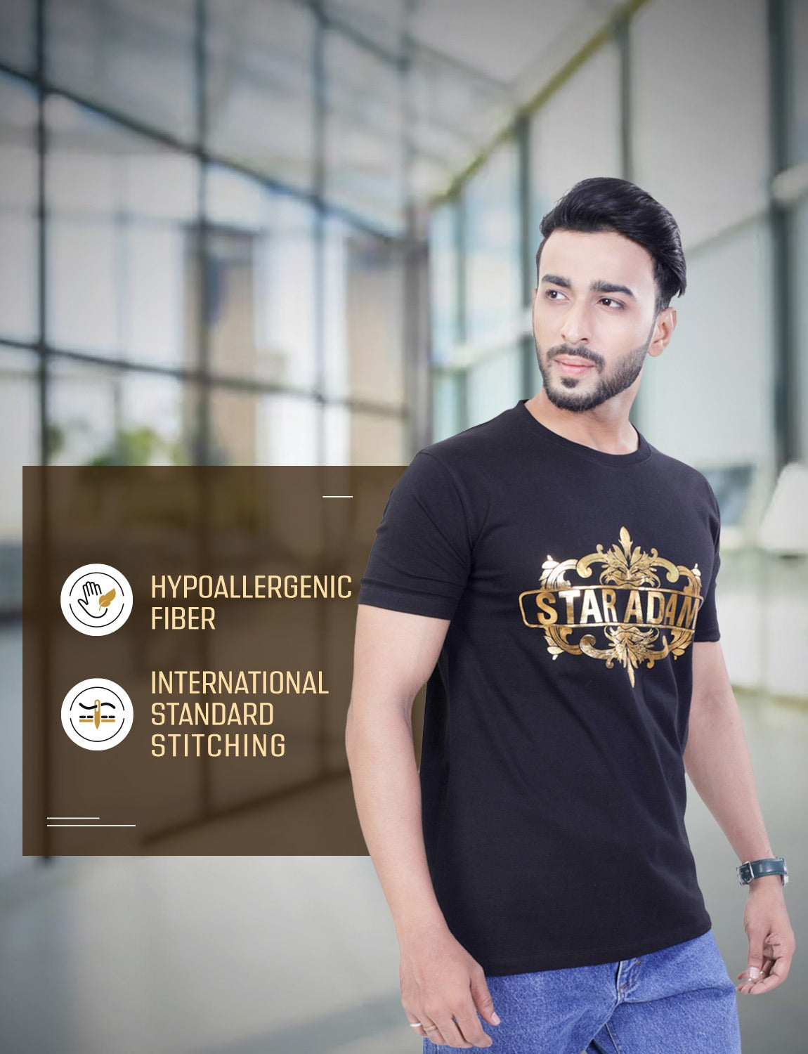 STAR ADAM Men's Black Round Neck T-Shirt