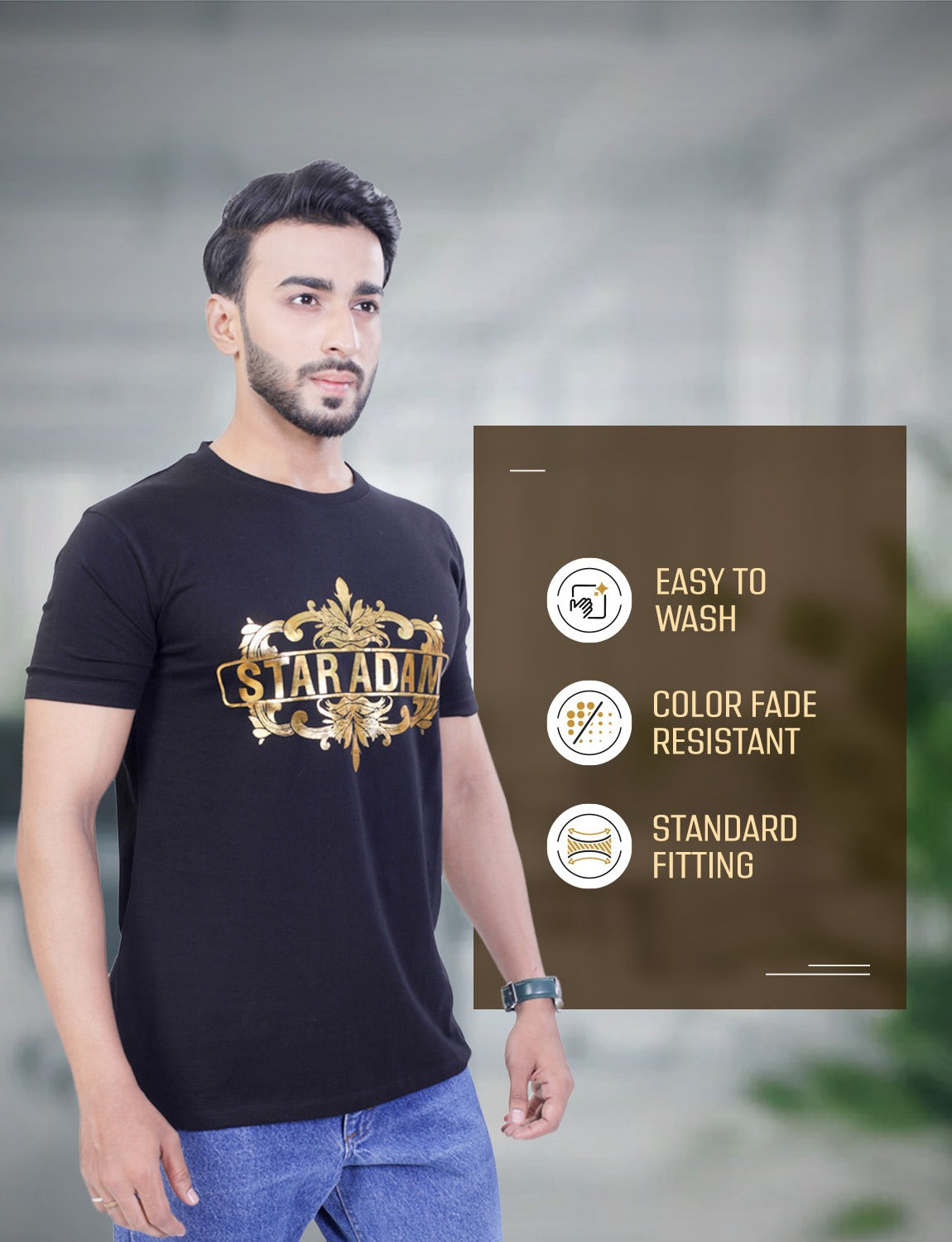 STAR ADAM Men's Black Round Neck T-Shirt