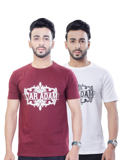 STAR ADAM Men's Round Neck T-Shirt Combo - White & Maroon
