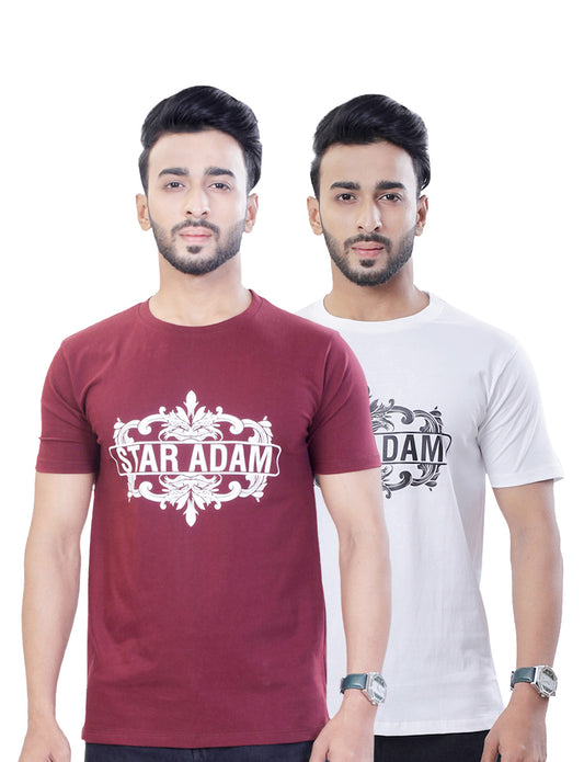 STAR ADAM Men's Round Neck T-Shirt Combo - White & Maroon