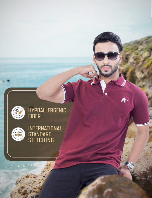 STAR ADAM Men's Maroon Polo Neck T-Shirt