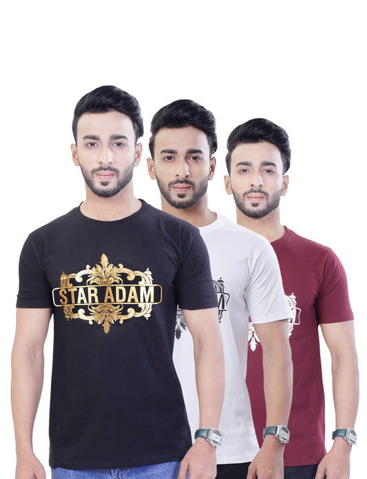 STAR ADAM Men's Round Neck T-Shirts Combo - (Black, White, Maroon)